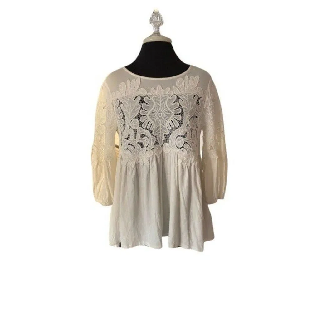 NWT Anthropologie Deletta Ivory lace detail 3/4 sleeve top (size extra small)